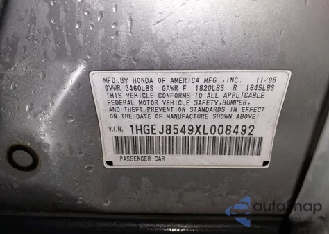 1999 Honda Civic Ex из США, поврежденный, VIN 1HGEJ8549XL008492